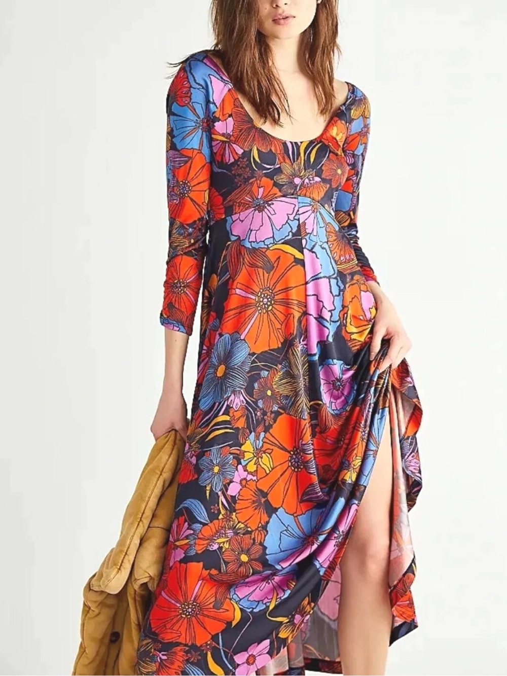 Free People First Date Floral Long Sleeved Midi Maxi Dress Boho Retro